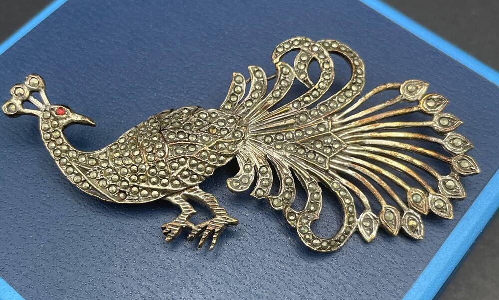 Vintage MCM Era 3" Brooch Pot Metal Silver Marcasite Peacock Pin Red Eye